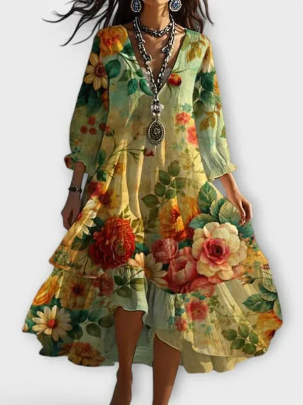 Stella - Vestido Midi Floral Decote V Babado na Barra