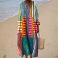 Ivone - Vestido Longo Listrado em Patchwork com Manga Longa