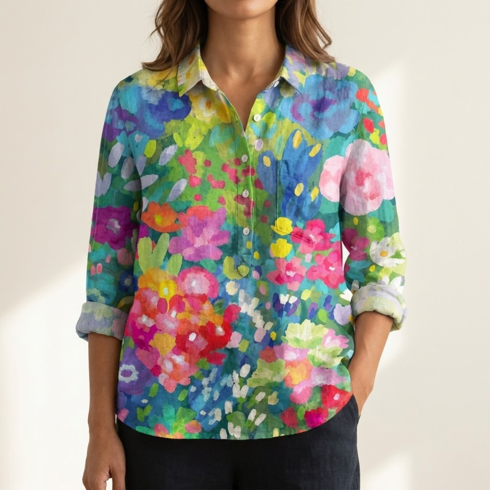 Catarina - Blusa com Estampa de Jardim Pintado