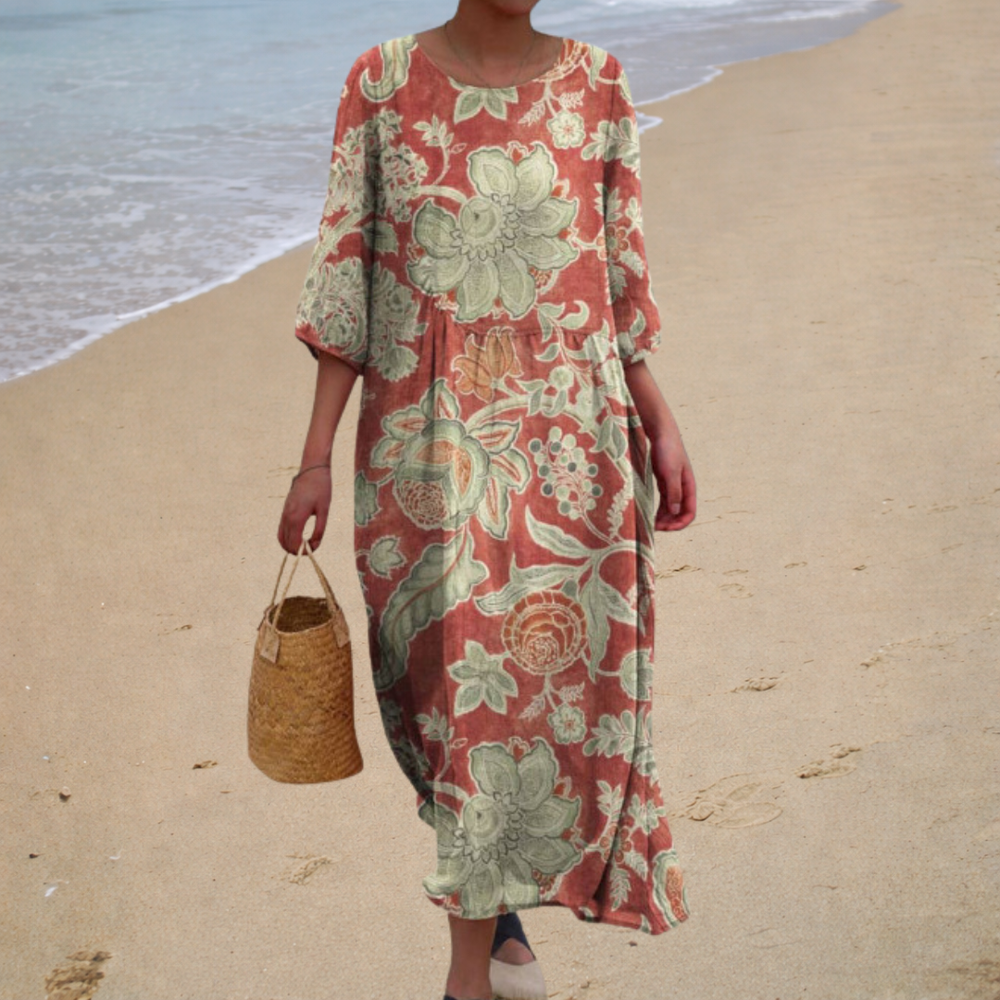 Júlia - Vestido Longo Floral com Manga Três Quartos