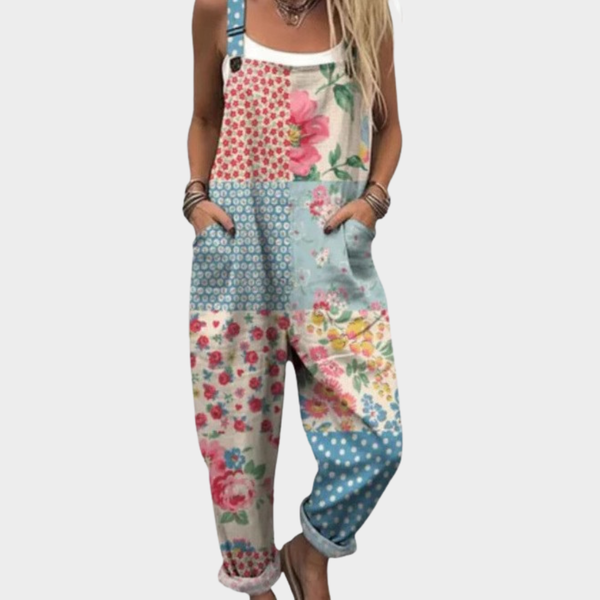 Cláudia - Jardineira Patchwork Floral com Poás