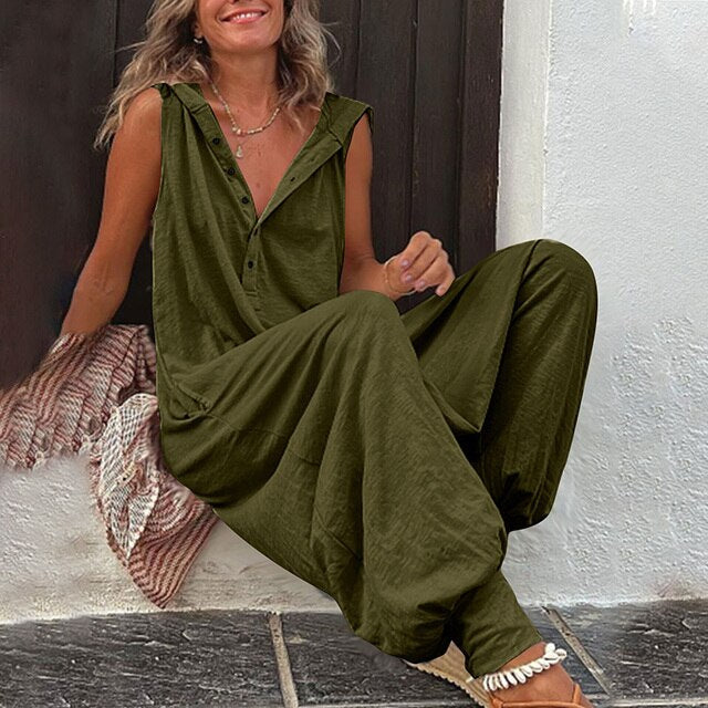 Deolinda - Macacão Feminino Sem Manga Pantalona com Botões