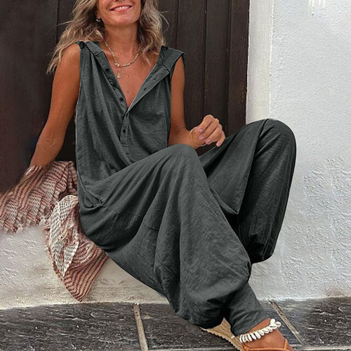 Deolinda - Macacão Feminino Sem Manga Pantalona com Botões