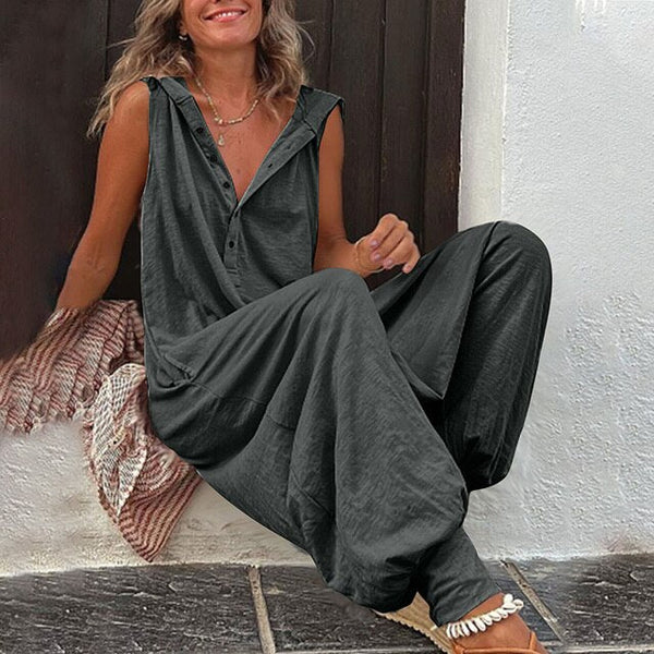 Deolinda - Macacão Feminino Sem Manga Pantalona com Botões