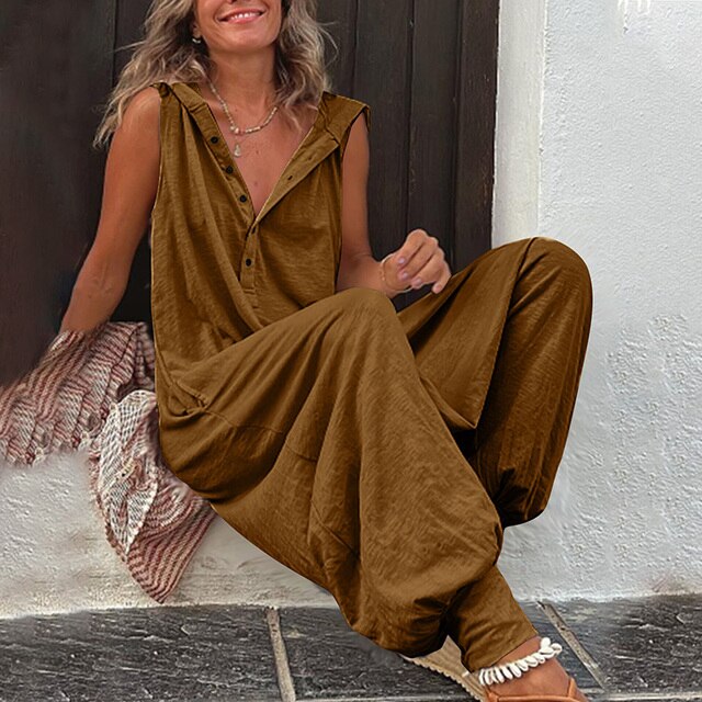 Deolinda - Macacão Feminino Sem Manga Pantalona com Botões