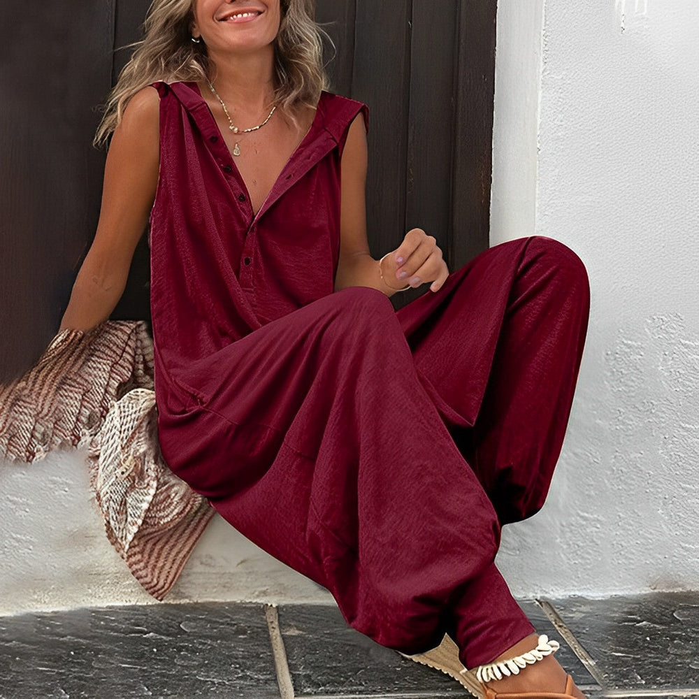 Deolinda - Macacão Feminino Sem Manga Pantalona com Botões