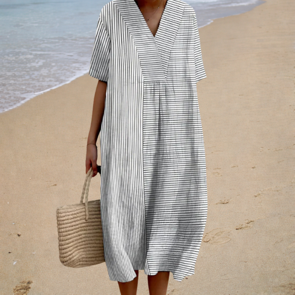 Alessandra - Vestido Midi com Listras Horizontais e Verticais