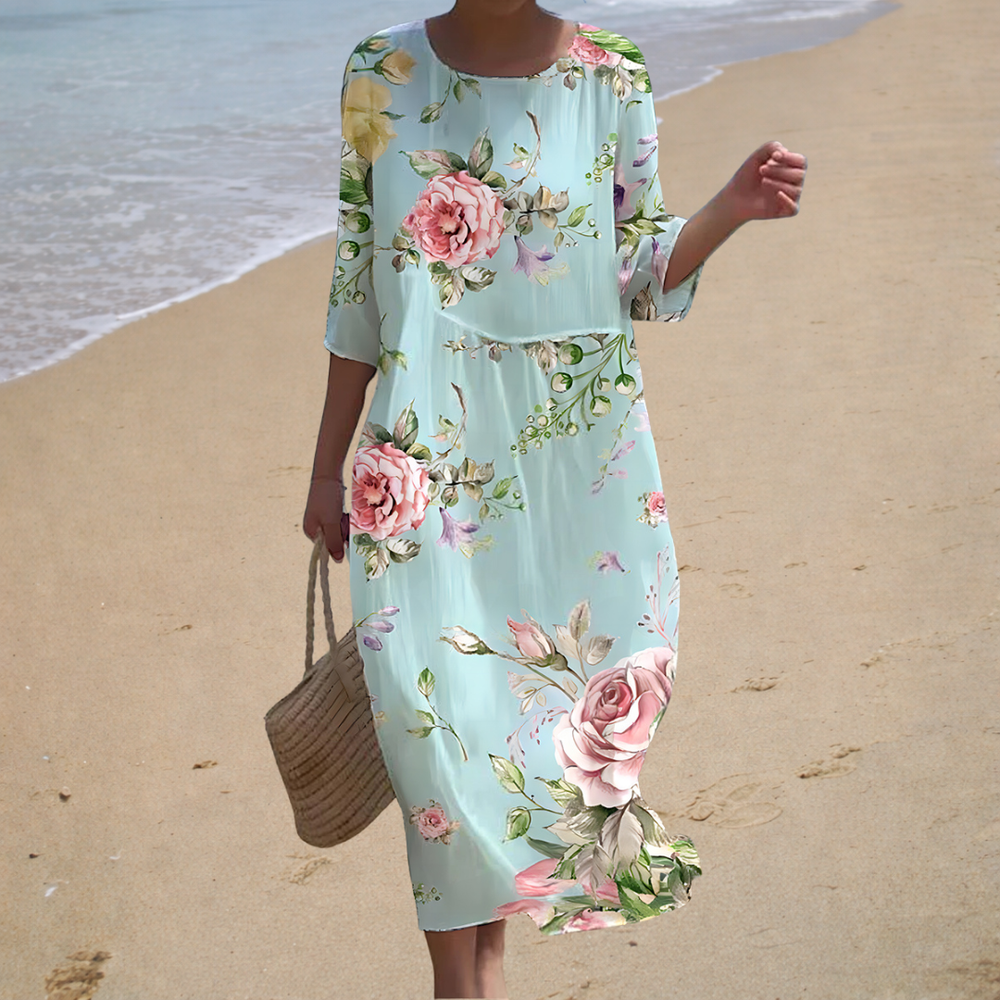 Karina - Vestido Longo Floral com Manga até o Cotovelo
