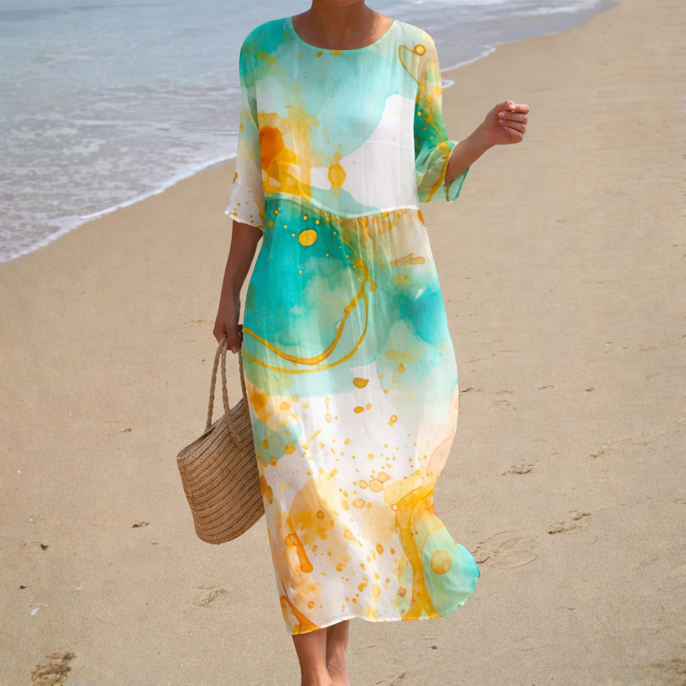 Juliana - Vestido Longo com Estampa Aquarela e Gola Redonda