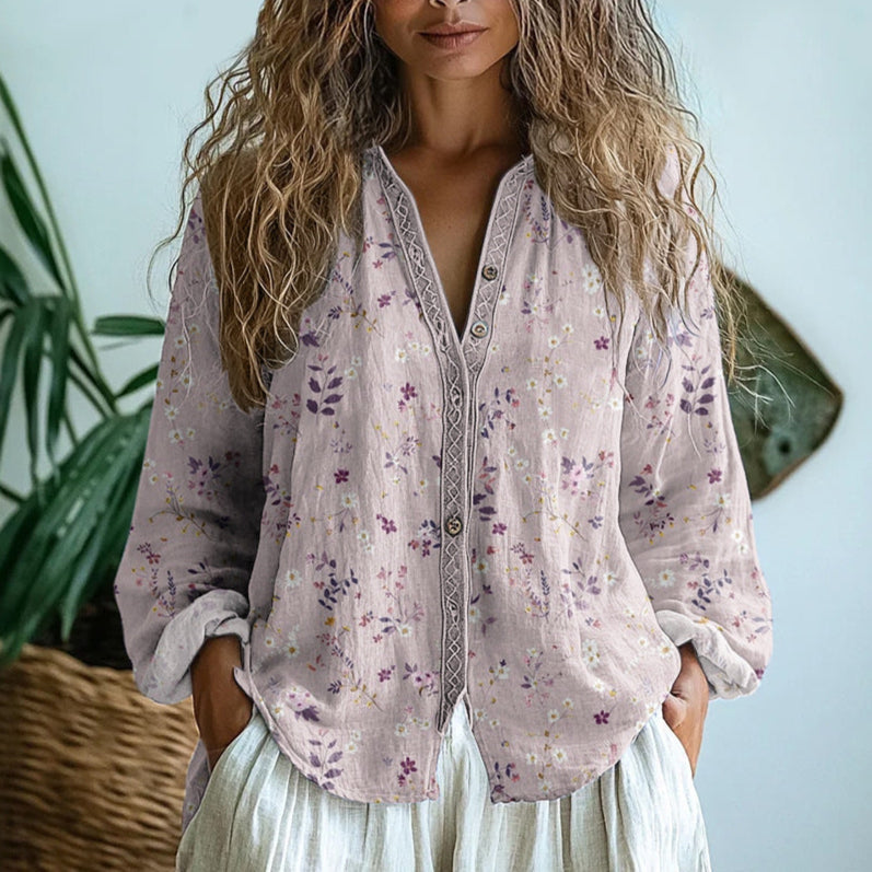 Brianna - Camisa com Estampa de Libélulas e Decote V