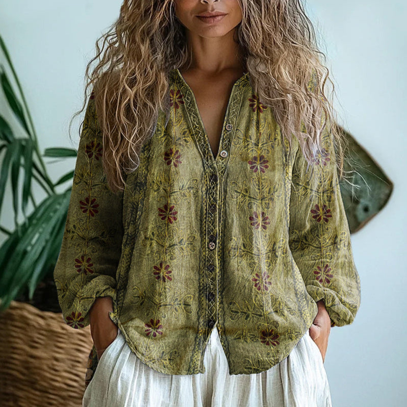 Brianna - Camisa com Estampa de Libélulas e Decote V