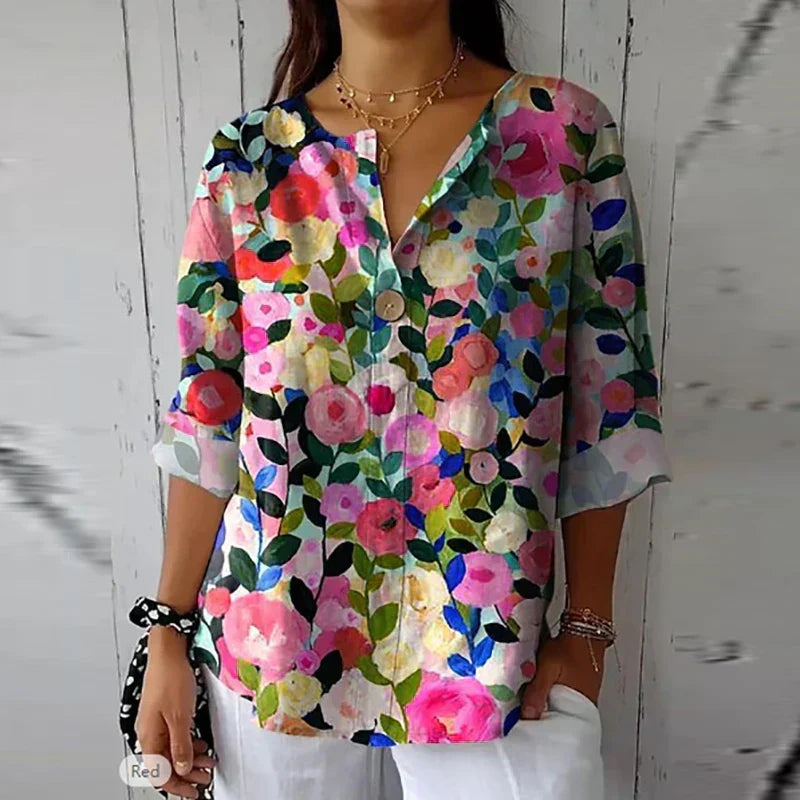 Valéria - Blusa Floral com Decote Abotoado