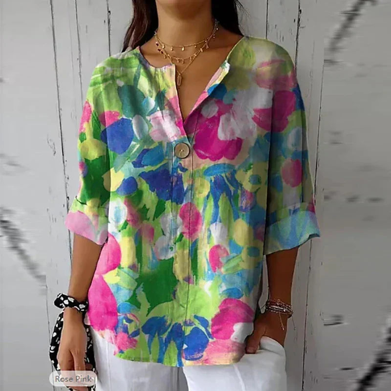 Valéria - Blusa Floral com Decote Abotoado