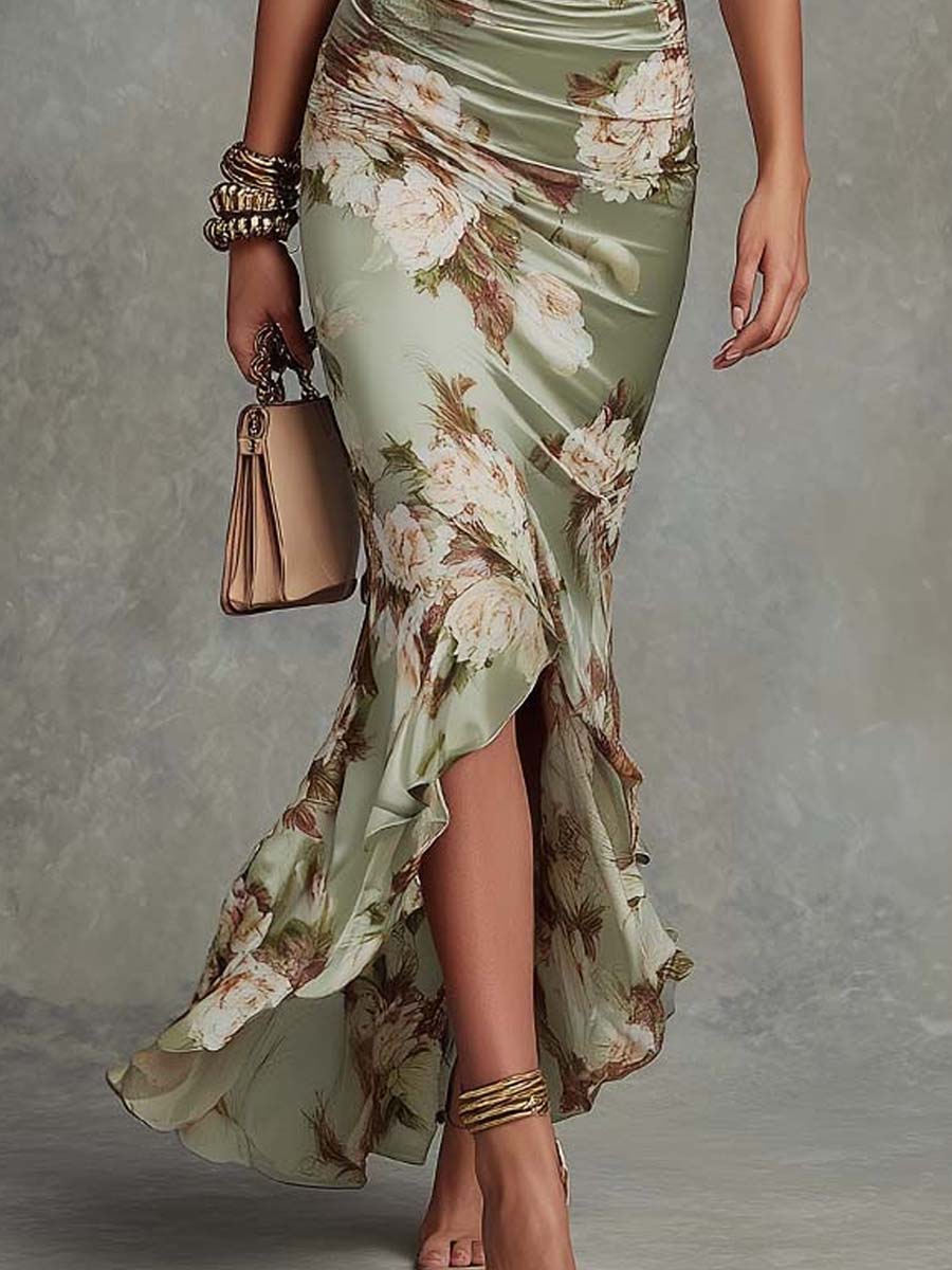 Anastasia - Vestido Longo Acetinado com Estampa Floral