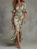 Anastasia - Vestido Longo Acetinado com Estampa Floral