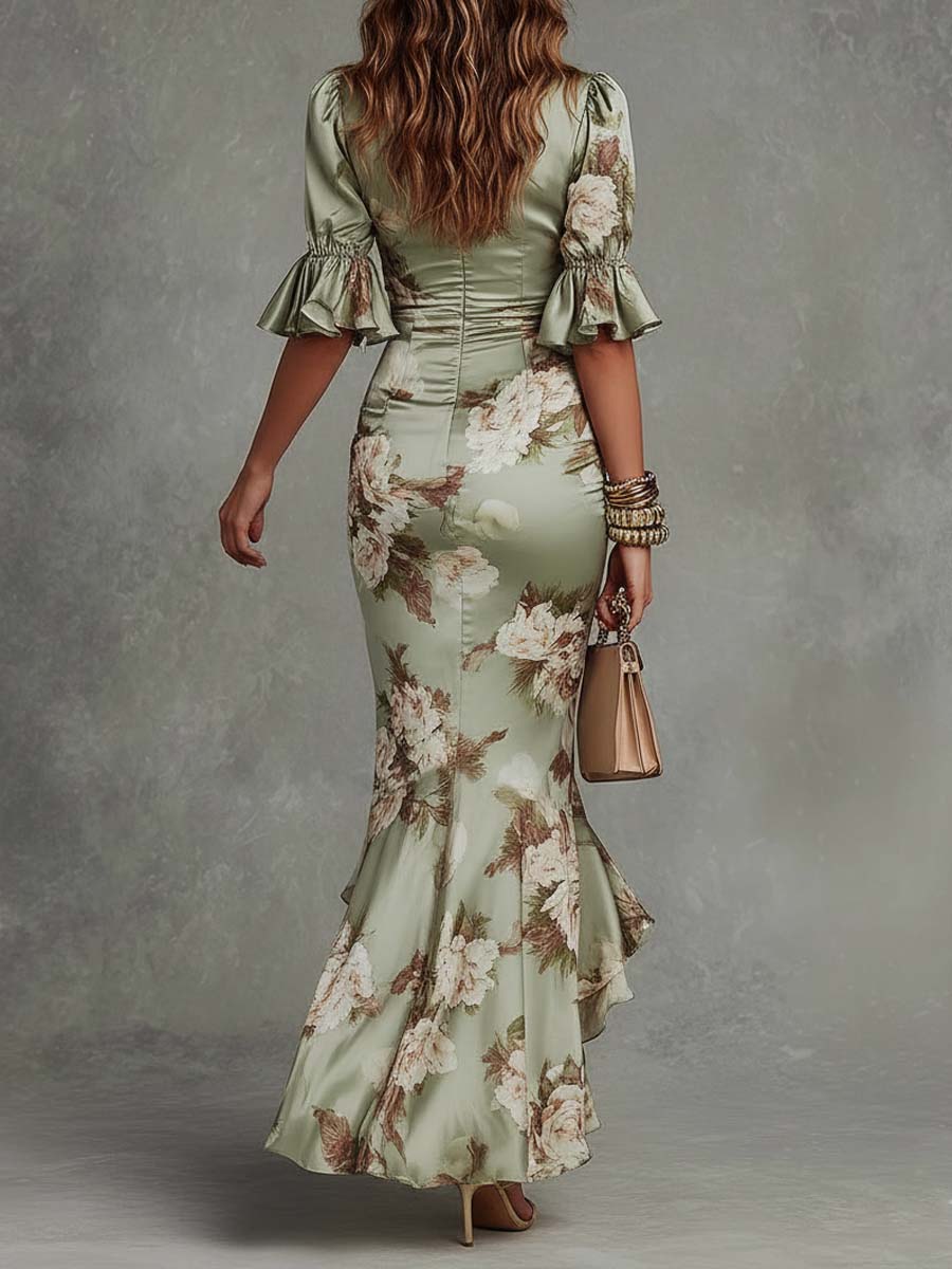 Anastasia - Vestido Longo Acetinado com Estampa Floral