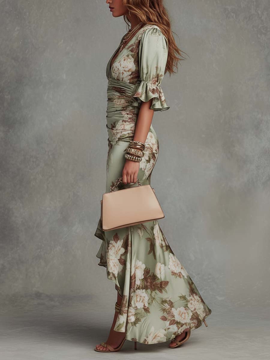 Anastasia - Vestido Longo Acetinado com Estampa Floral