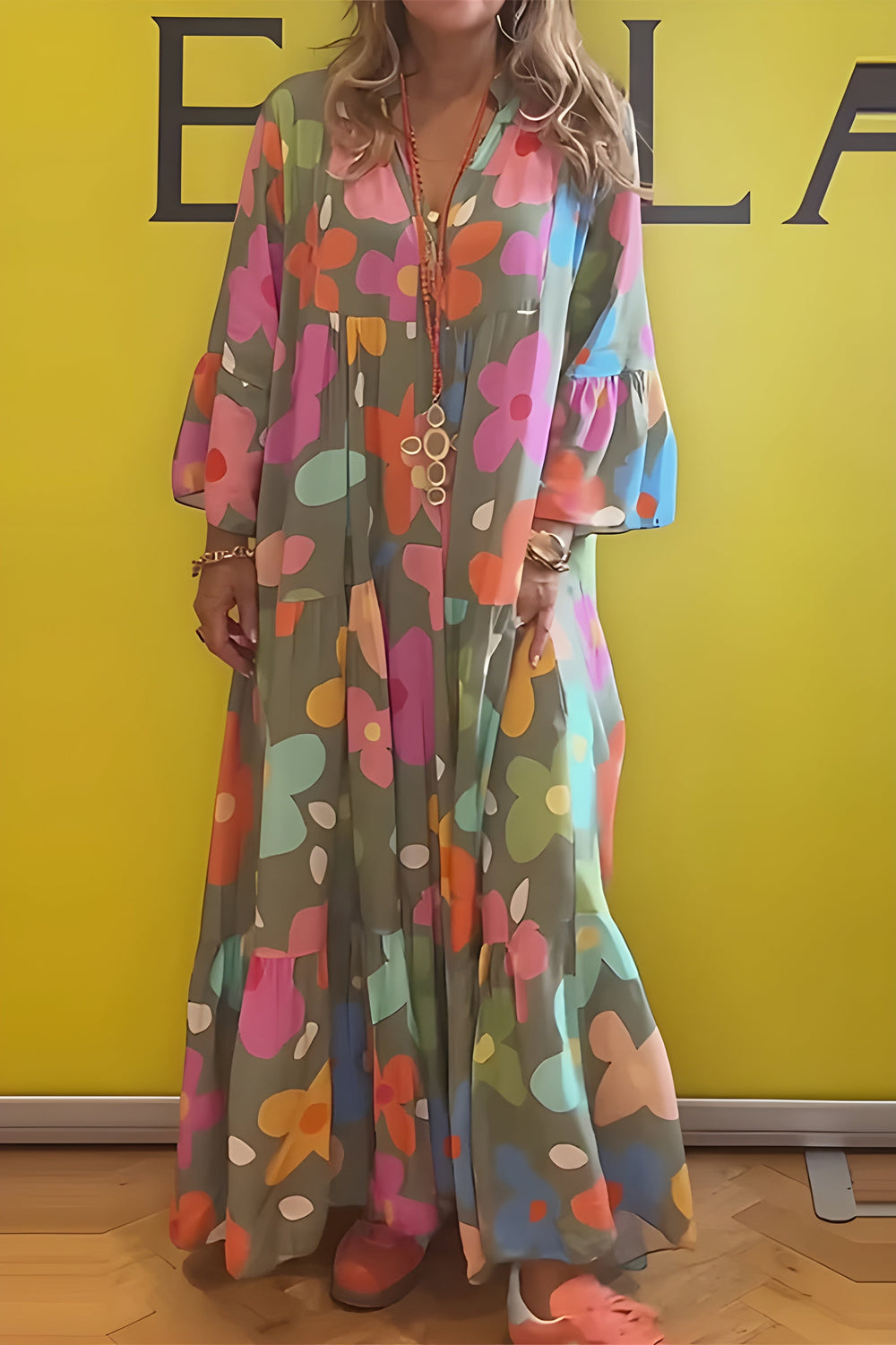 Alessandra - Vestido Longo De Manga Bufante E Flores Grandes