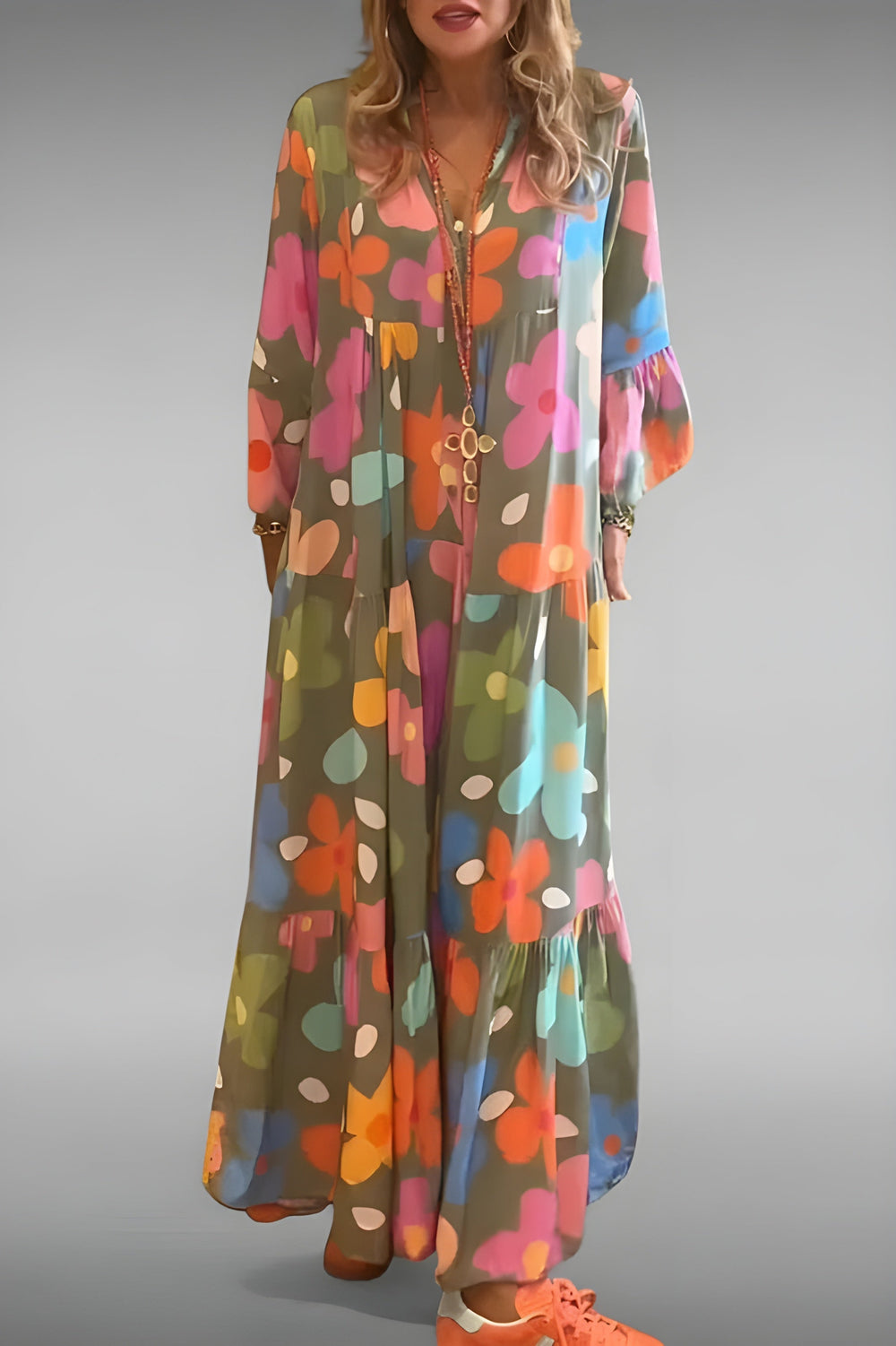 Alessandra - Vestido Longo De Manga Bufante E Flores Grandes