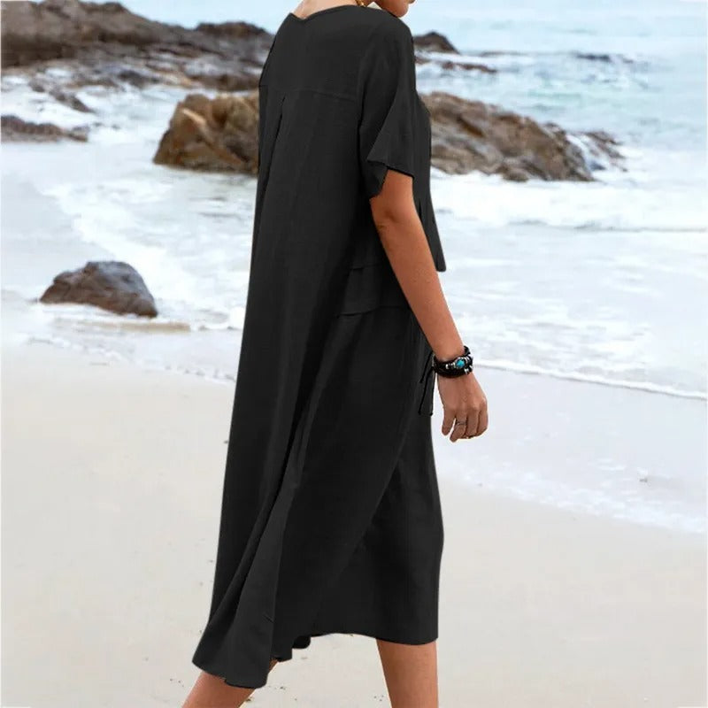 Hannah - Vestido Midi Solto Com Bolsos De Pregas