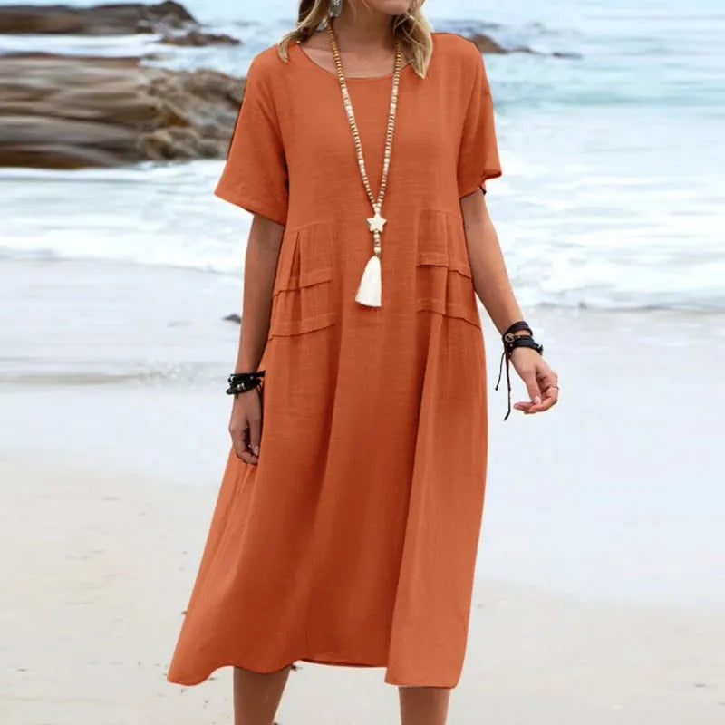 Hannah - Vestido Midi Solto Com Bolsos De Pregas