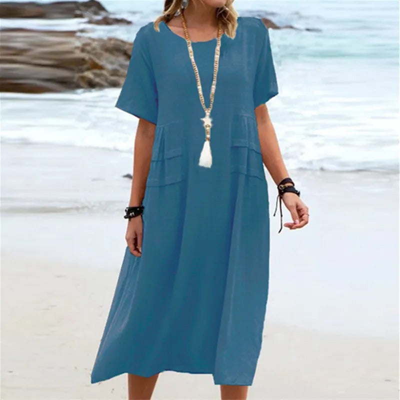 Hannah - Vestido Midi Solto Com Bolsos De Pregas