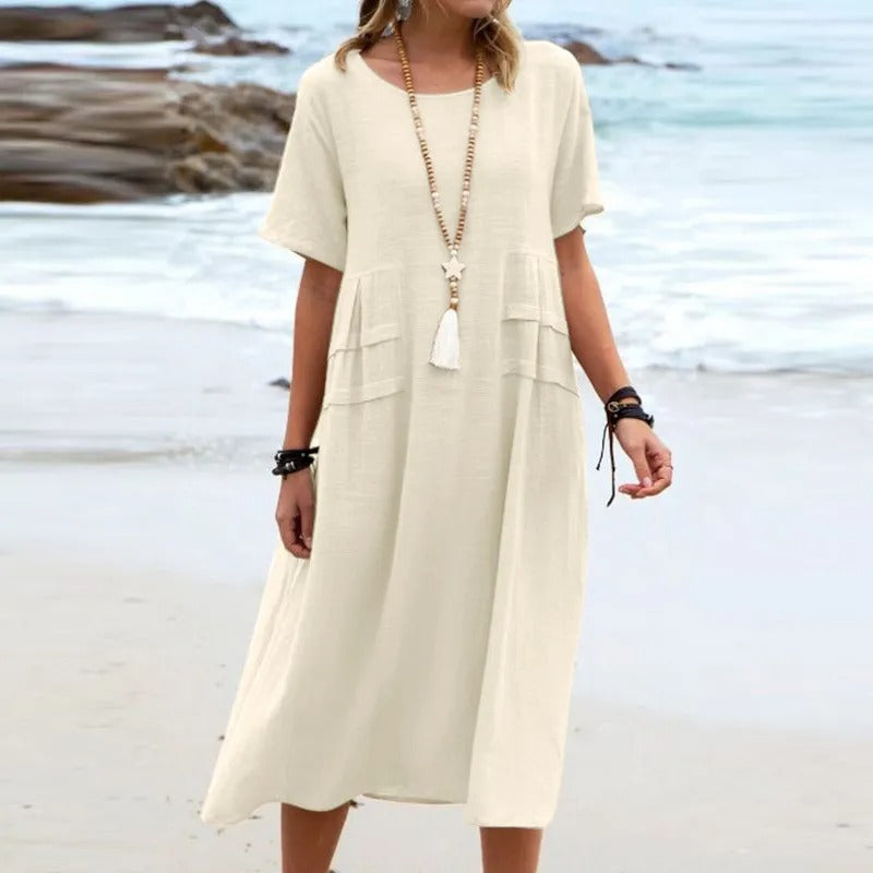 Hannah - Vestido Midi Solto Com Bolsos De Pregas