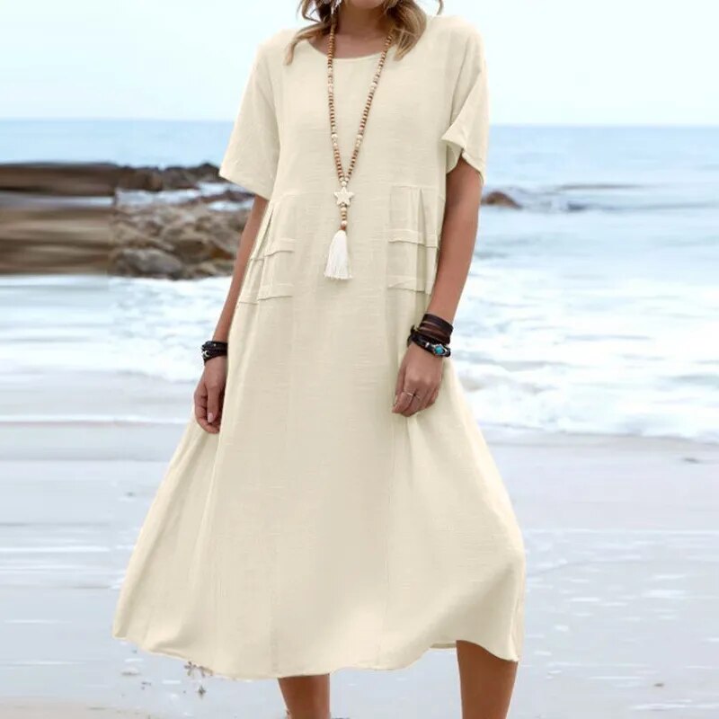 Hannah - Vestido Midi Solto Com Bolsos De Pregas