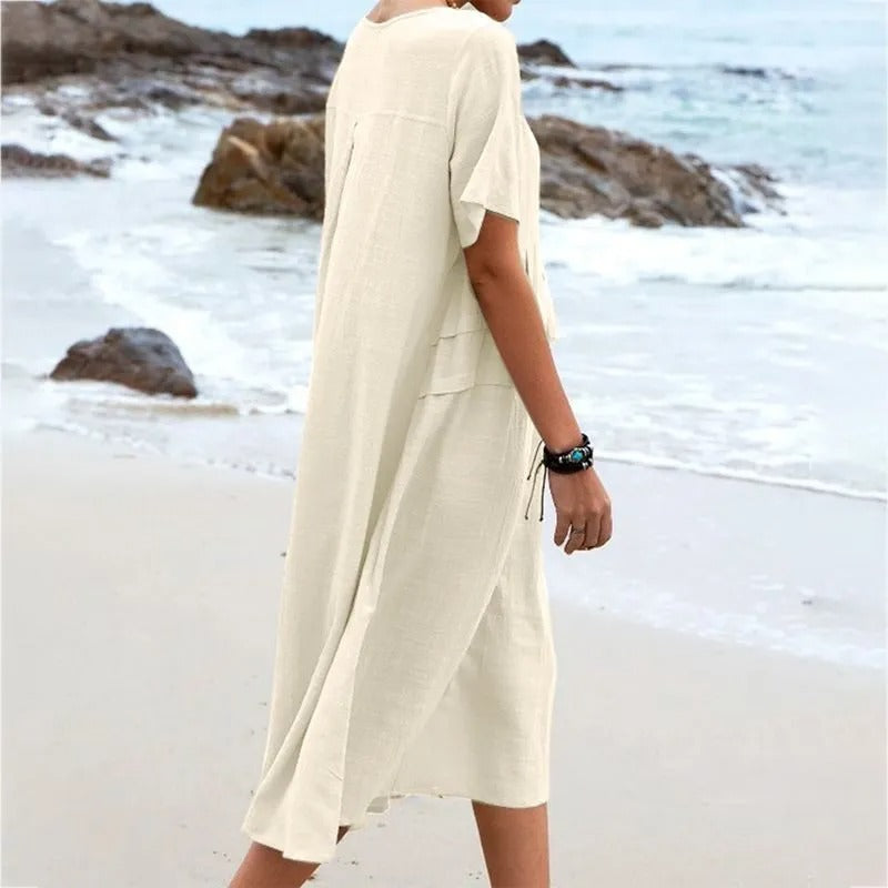 Hannah - Vestido Midi Solto Com Bolsos De Pregas