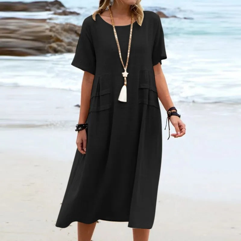 Hannah - Vestido Midi Solto Com Bolsos De Pregas