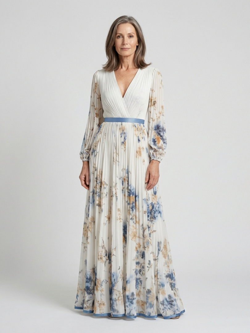 Bruna - Vestido Longo Floral de Manga Longa com Decote V