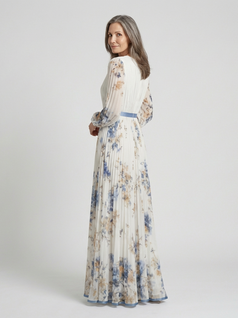 Bruna - Vestido Longo Floral de Manga Longa com Decote V
