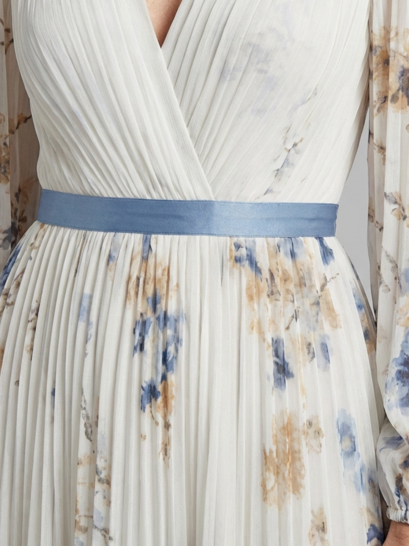 Bruna - Vestido Longo Floral de Manga Longa com Decote V