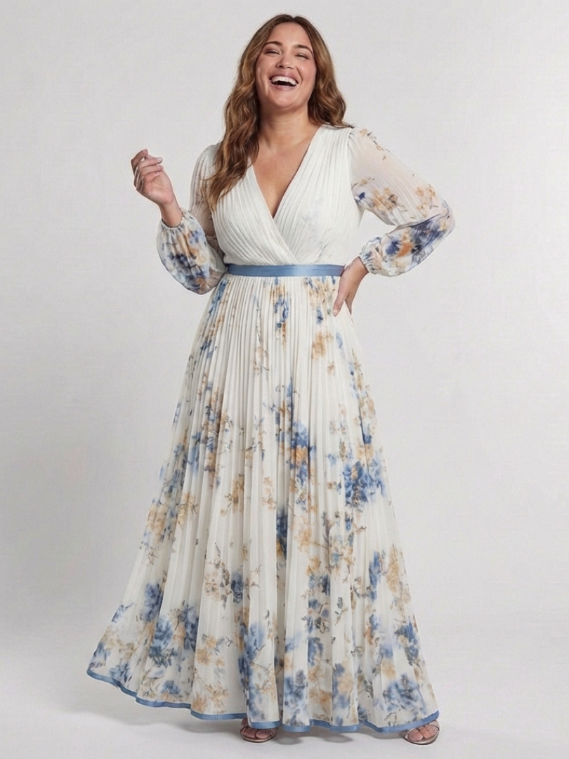Bruna - Vestido Longo Floral de Manga Longa com Decote V