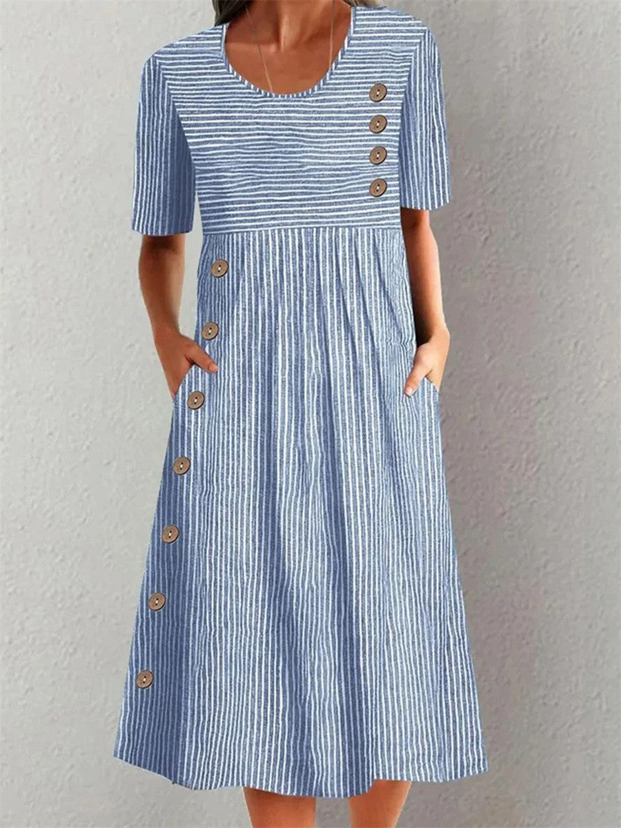 Eden - Vestido Midi Listrado com Botões Decorativos e Bolsos