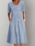 Eden - Vestido Midi Listrado com Botões Decorativos e Bolsos