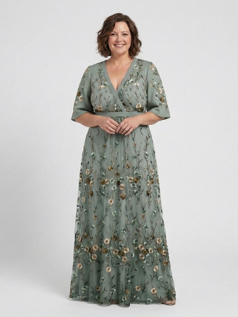 Alícia - Vestido Longo Floral com Decote V e Manga Curta