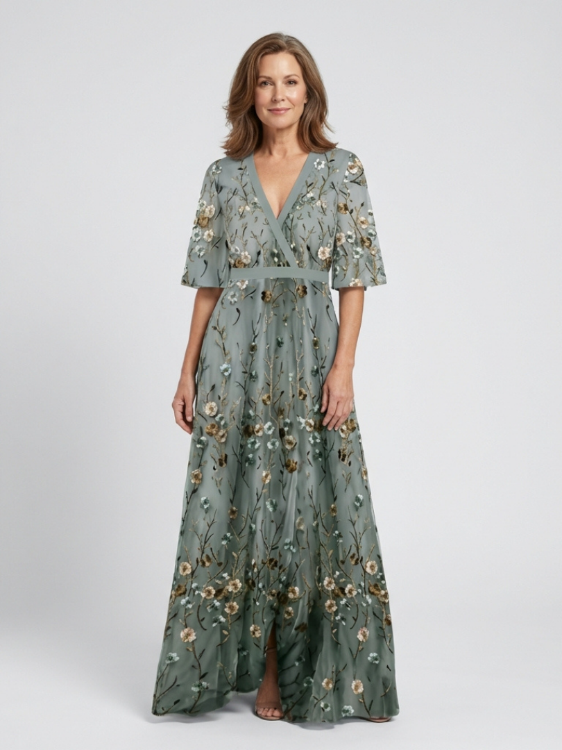 Alícia - Vestido Longo Floral com Decote V e Manga Curta