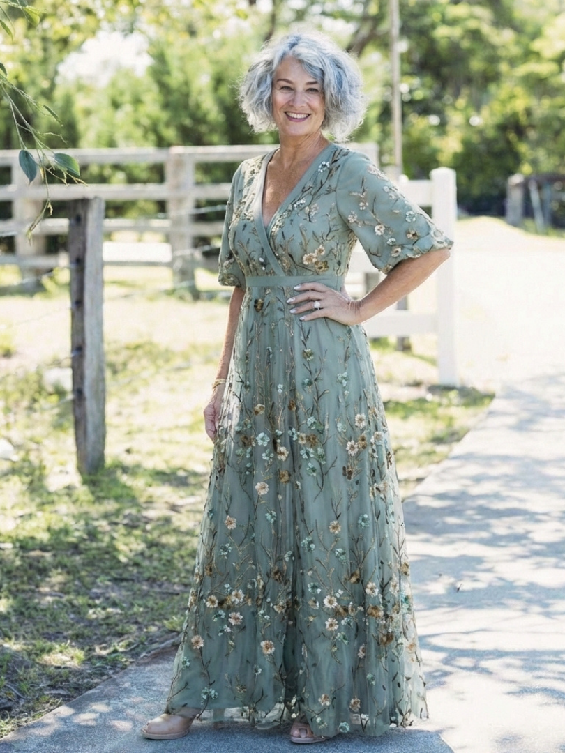 Alícia - Vestido Longo Floral com Decote V e Manga Curta
