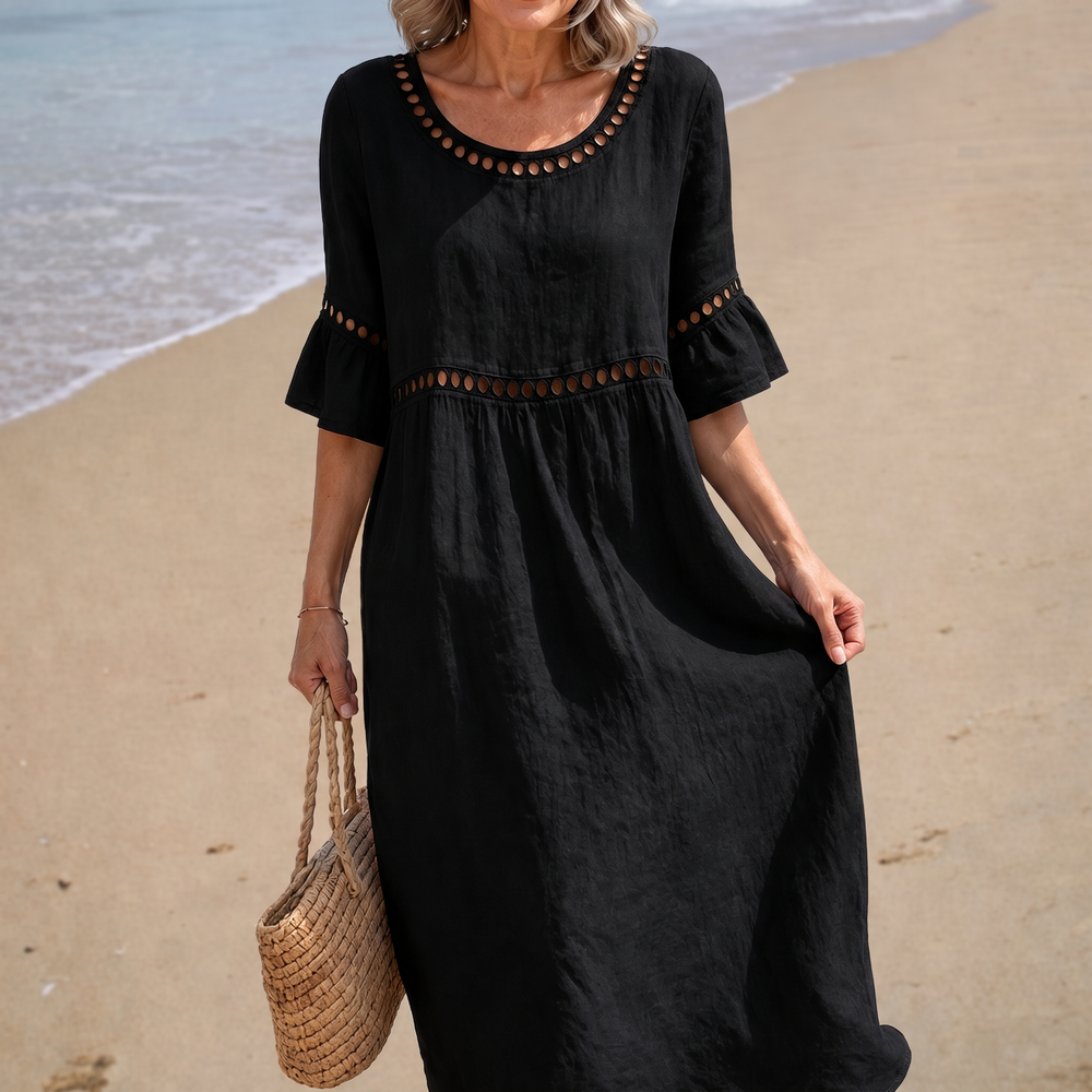 Hélène - Vestido Midi com Manga Sino e Detalhes Vazados