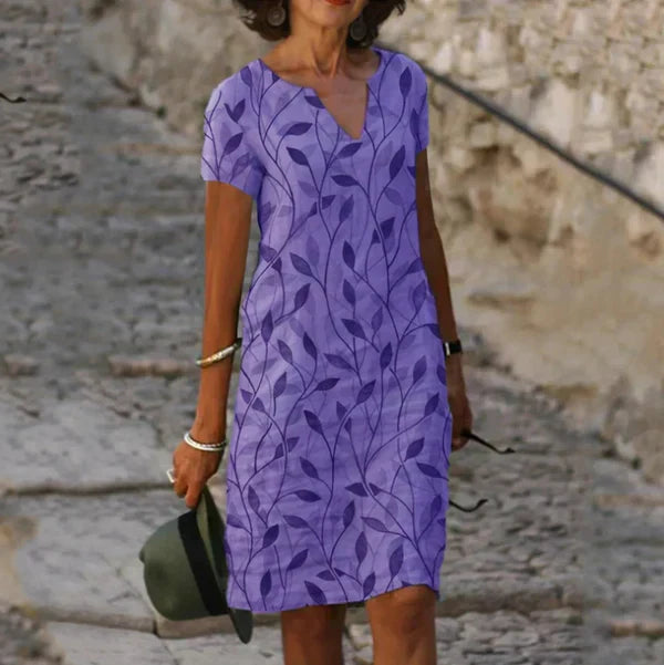 Madelyn - Vestido Reto Decote V Estampa De Folhas