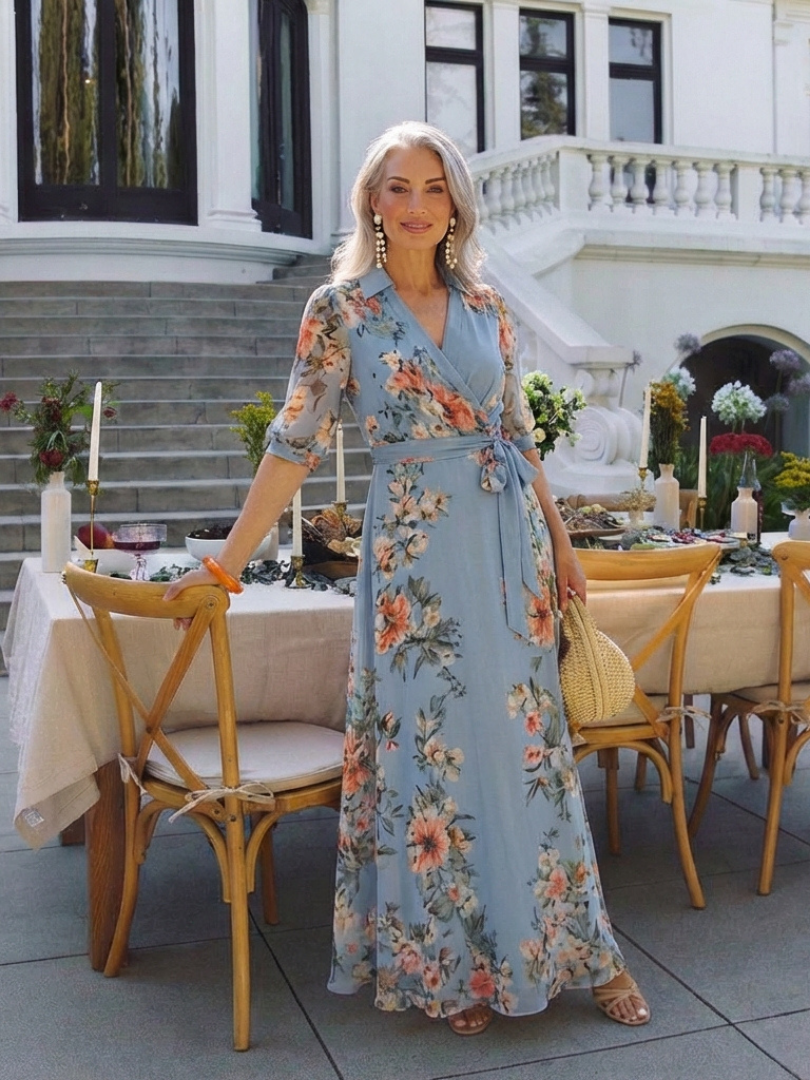 Elowen - Vestido Longo Floral Envelope com Decote V