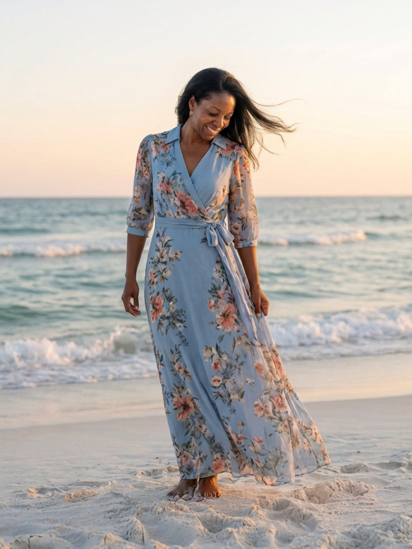 Elowen - Vestido Longo Floral Envelope com Decote V